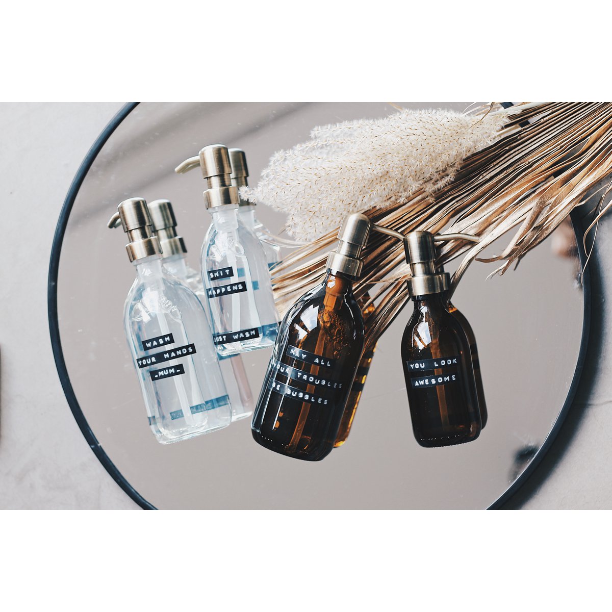 Hand soap bamboo brown glass brass pump 500ml 'may all your troubles be bubbles'