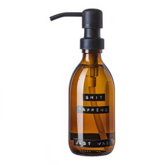 Hand soap bamboo brown glass black pump 250ml 'shit happens just wash'